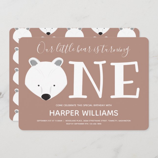 Polar Bear Turning One Cute Animal First Birthday Invitation (Front/Back)