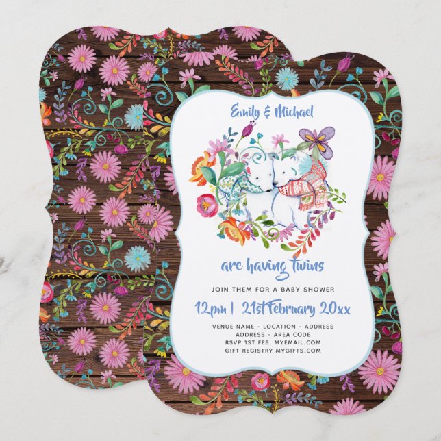Polar Bear TWINS Baby Shower Invites Folk Flowers (Front/Back)