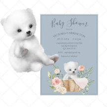 Polar Bear Watercolor Blue Baby Shower Invitation