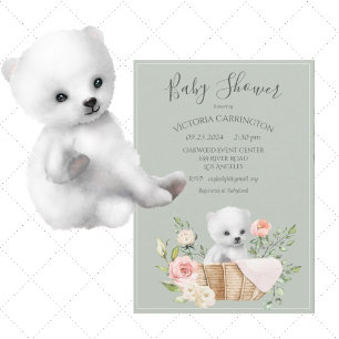 Polar Bear Watercolor Sage Green Baby Shower Invitation