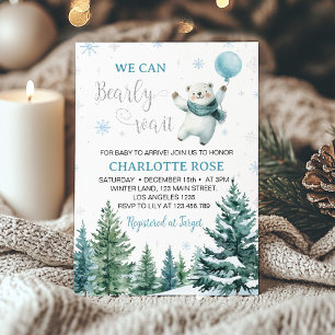 Polar Bear We Can Bearly Wait Winter Baby Shower Invitation