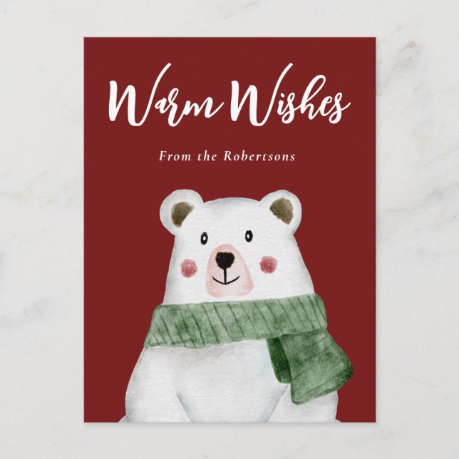 Polar Bear Wearing Green Scarf Let it Snow Holiday Postcard (Front)