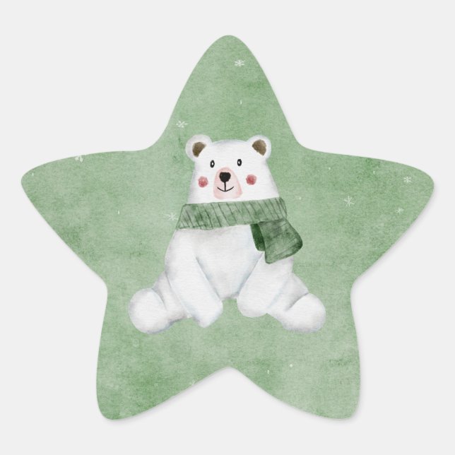 Polar Bear Wearing Green Scarf Let it Snow Holiday Star Sticker (Front)