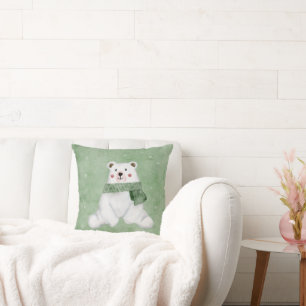 Polar Bear Wearing Green Scarf Winter Holiday Cushion