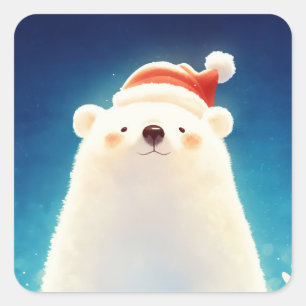 Polar Bear Wearing Santa Hat with Red Maple Leaves Square Sticker