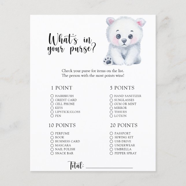 Polar bear - Whats in your purse baby shower game (Front)