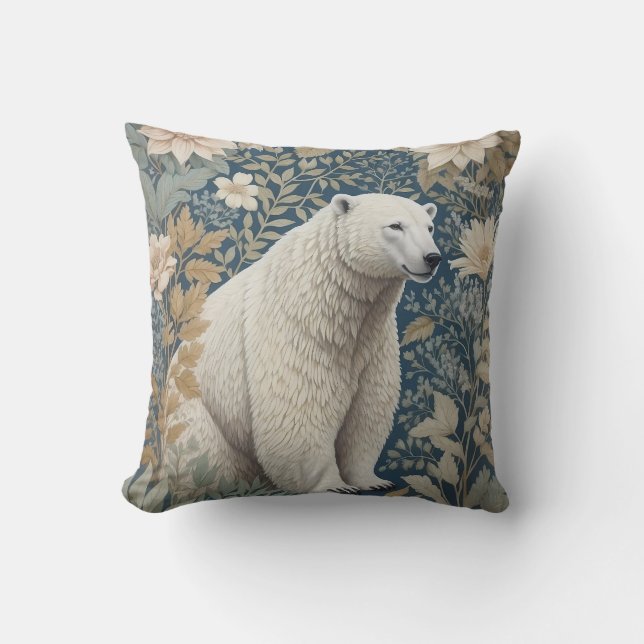 Polar Bear William Morris Inspired Floral Cushion (Front)