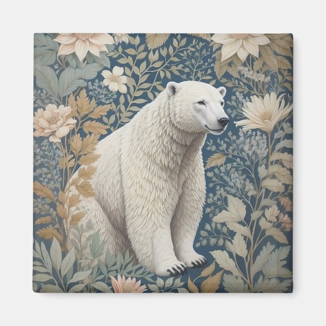 Polar Bear William Morris Inspired Floral Magnet (Front)