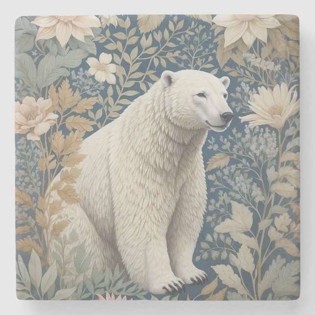 Polar Bear William Morris Inspired Floral Stone Coaster (Front)