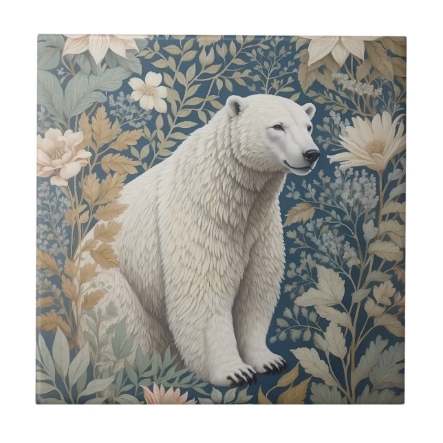 Polar Bear William Morris Inspired Floral Tile (Front)