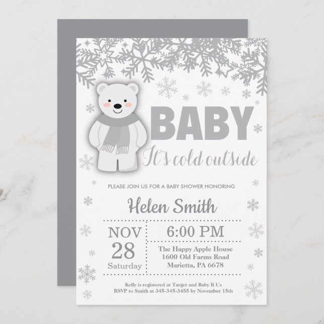 Polar Bear Winter Baby Shower Snowflake Invitation (Front/Back)