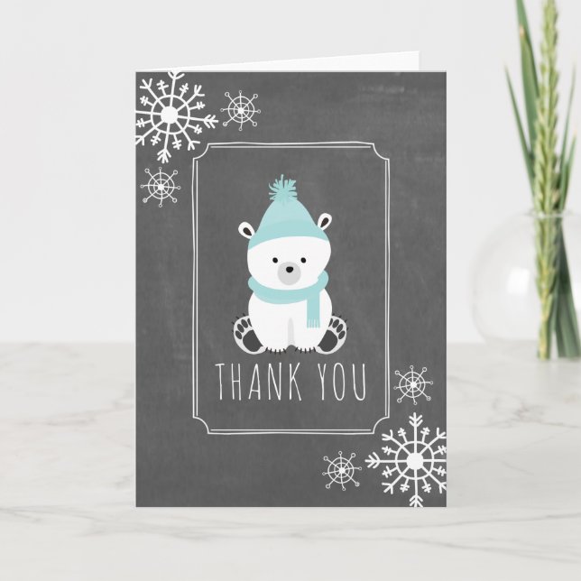 Polar Bear Winter Baby Shower Thank You Blue Card (Front)