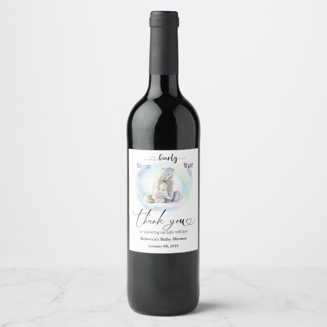 Polar Bear Winter Bearly Wait Baby Shower Favour Wine Label (Front)