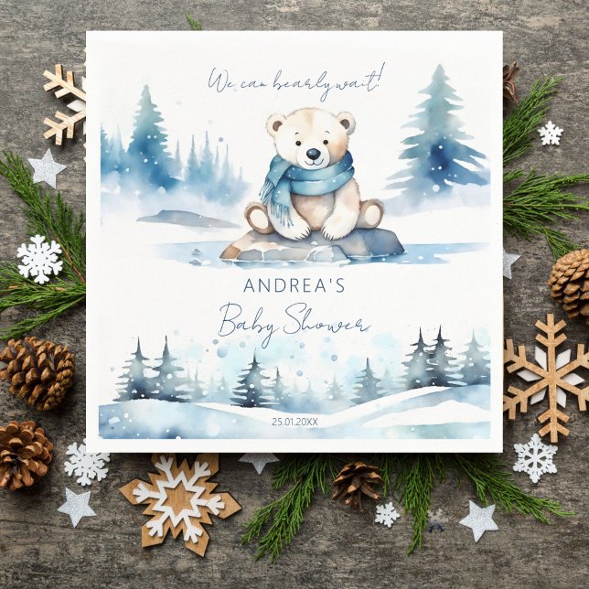 Polar bear winter bearly wait baby shower template napkin (Polar bear winter bearly wait baby shower tableware personalized template napkins cute white teddy)