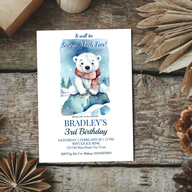 Polar bear winter birthday party template (Polar bear winter birthday party editable template invitation digital download cute cube on ice rock)