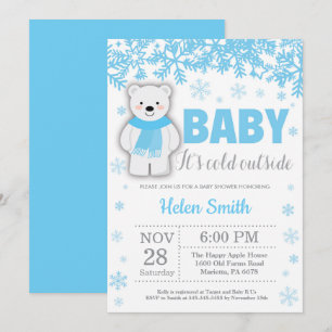 Polar Bear Winter Blue Boy Baby Shower Snowflake Invitation