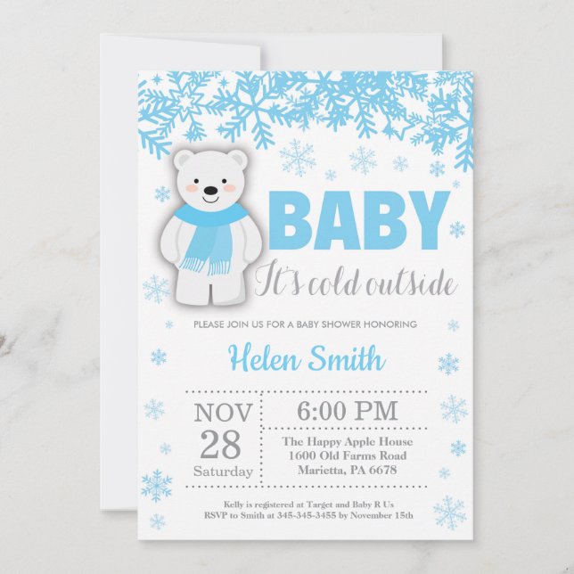 Polar Bear Winter Blue Boy Baby Shower Snowflake Invitation (Front)