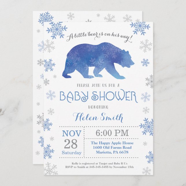 Polar Bear Winter Blue Boy Baby Shower Snowflake Invitation (Front/Back)