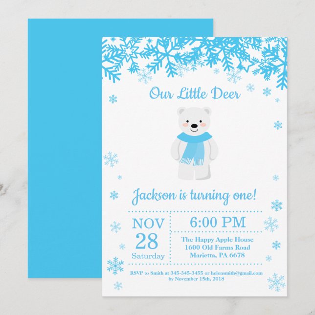 Polar Bear Winter Boy Birthday Invitation (Front/Back)