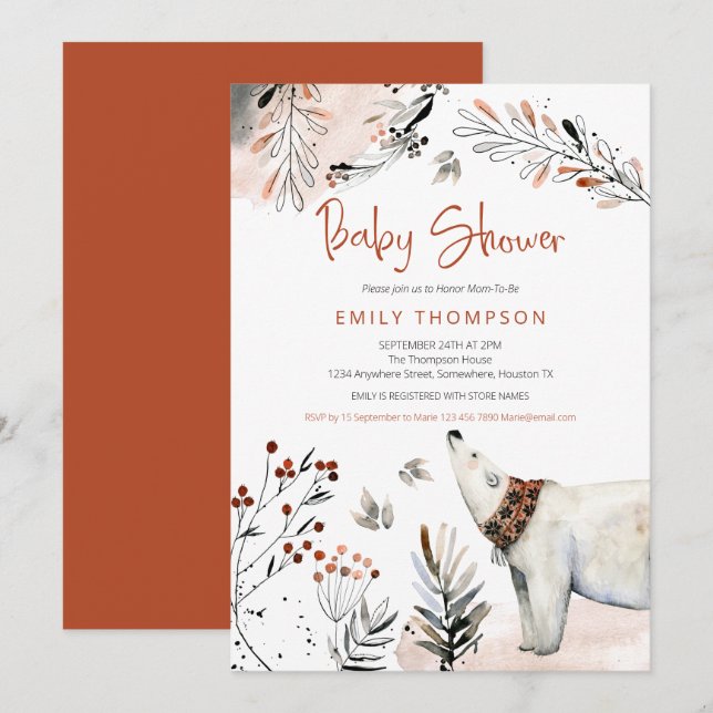Polar Bear Winter Foliage Burnt Orange Baby Shower Invitation (Front/Back)