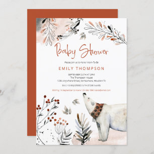 Polar Bear Winter Foliage Burnt Orange Baby Shower Invitation