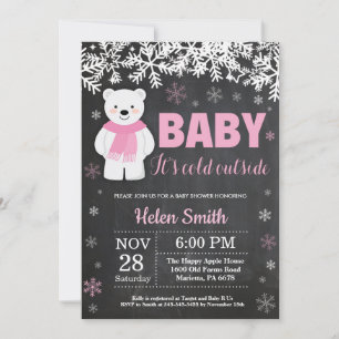 Polar Bear Winter Girl Baby Shower Chalkboard Invitation