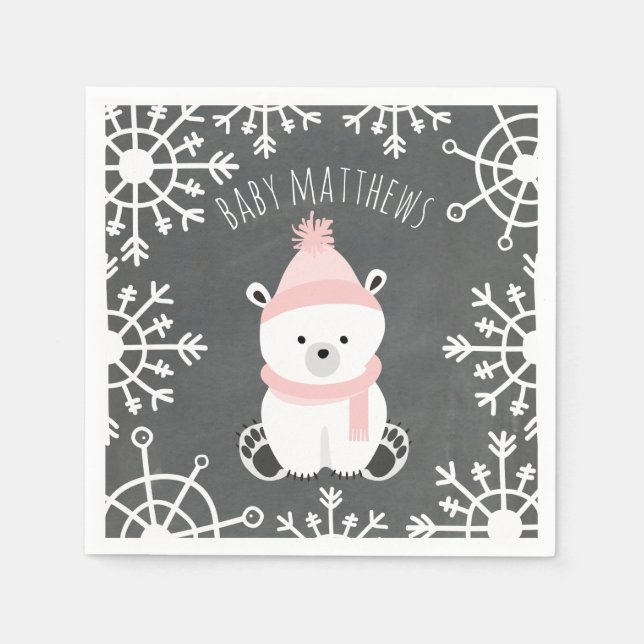 Polar Bear Winter Girl Baby Shower Napkins (Front)