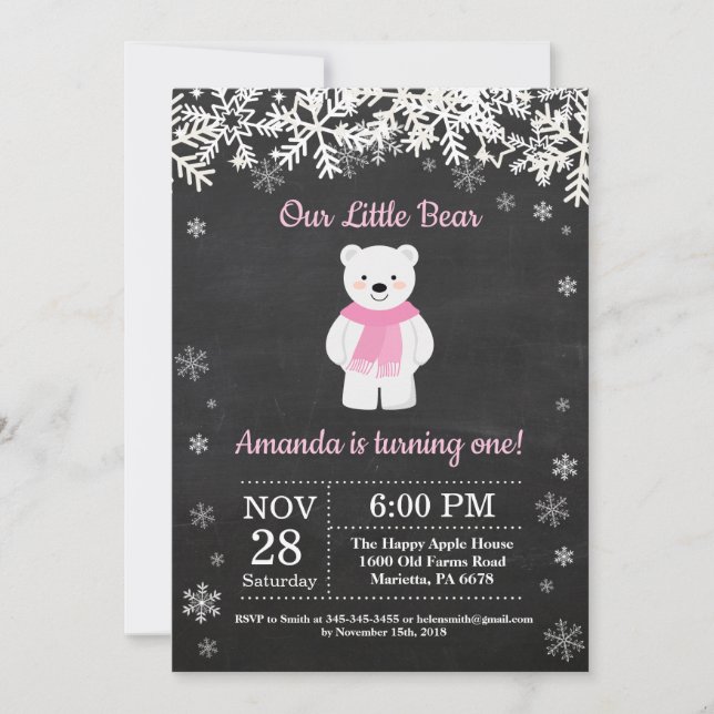 Polar Bear Winter Girl Birthday Invitation (Front)