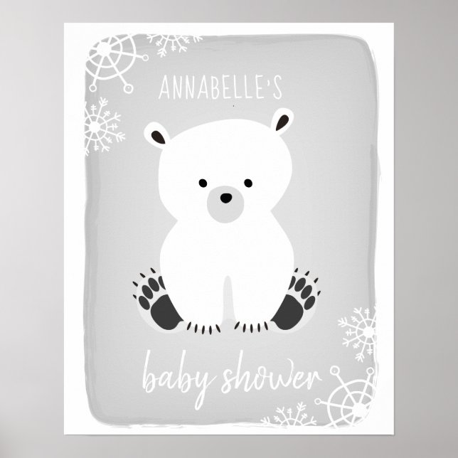 Polar Bear Winter Neutral Grey Baby Shower Poster (Front)