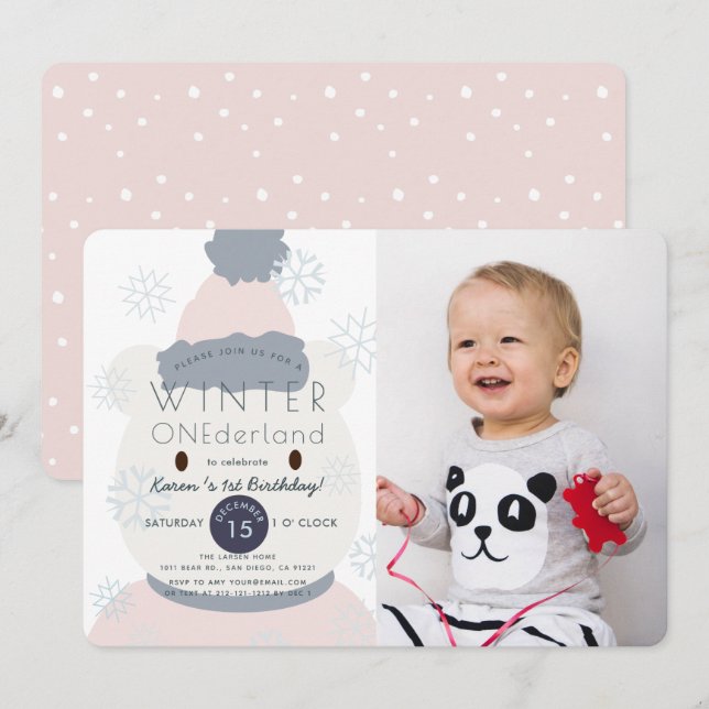 Polar Bear Winter Onederland 1st Photo Birthday Invitation (Front/Back)