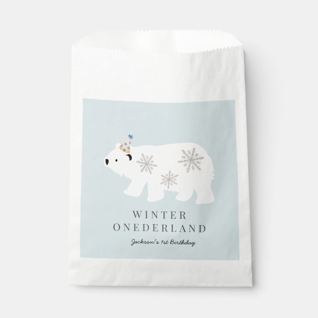 Polar Bear Winter Onederland Blue 1st Birthday Favour Bags (Front)
