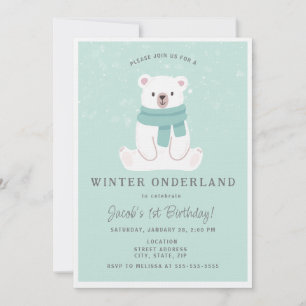 Polar Bear Winter Onederland Blue 1st Birthday Invitation