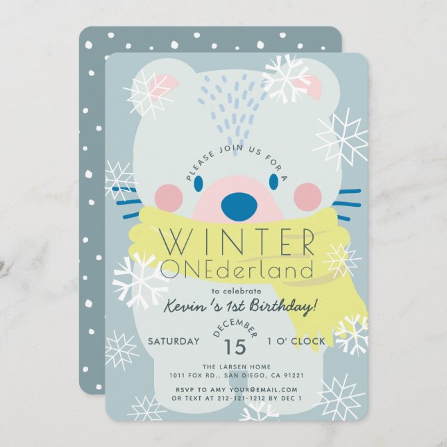 Polar Bear Winter Onederland Blue 1st Birthday Invitation (Front/Back)