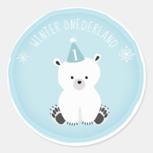 Polar Bear Winter Onederland Blue Birthday Classic Round Sticker