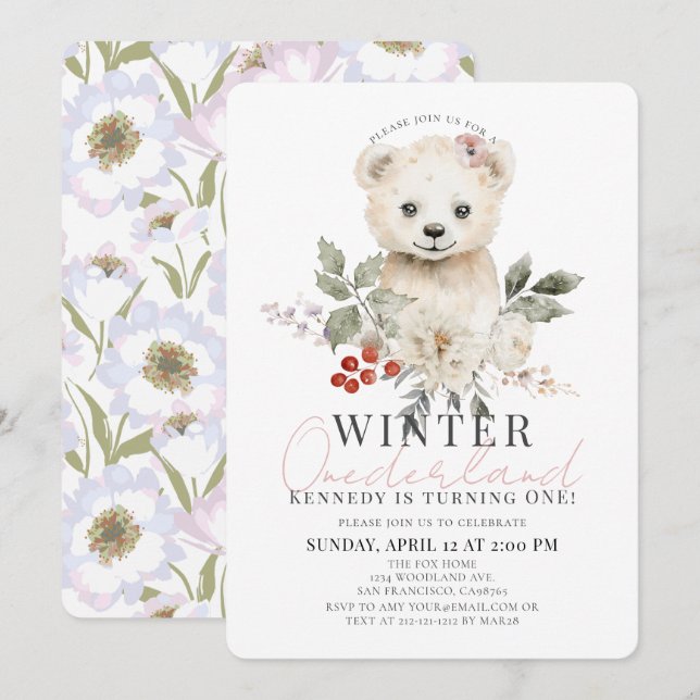 Polar Bear Winter Onederland Girl 1st Birthday Invitation (Front/Back)