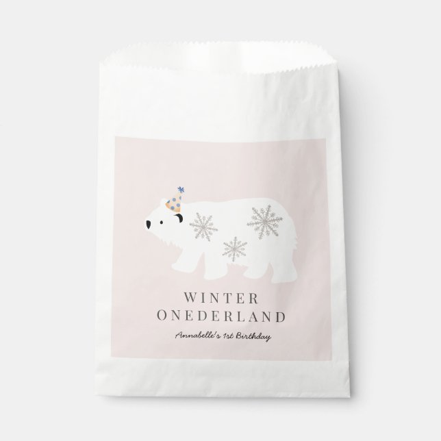 Polar Bear Winter Onederland Pink 1st Birthday Favour Bags (Front)