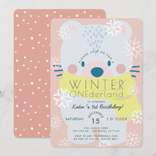 Polar Bear Winter Onederland Pink 1st Birthday Invitation