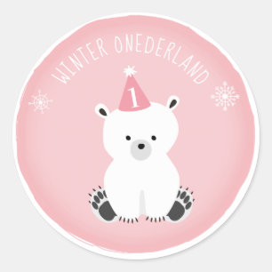 Polar Bear Winter Onederland Pink Birthday Classic Round Sticker