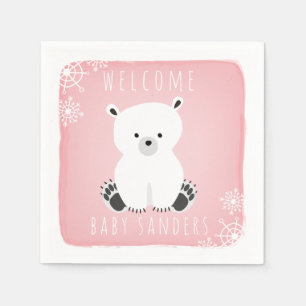 Polar Bear Winter Pink Girl Baby Shower Napkin