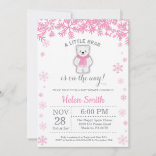 Polar Bear Winter Pink Girl Baby Shower Snowflake Invitation
