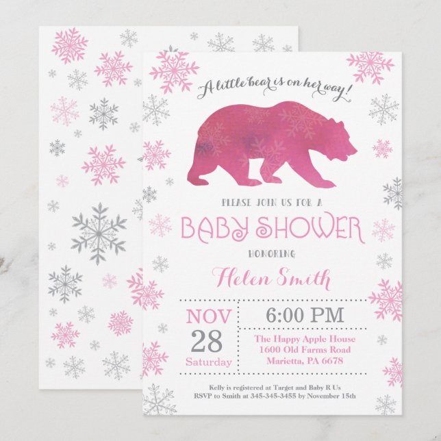 Polar Bear Winter Pink Girl Baby Shower Snowflake Invitation (Front/Back)