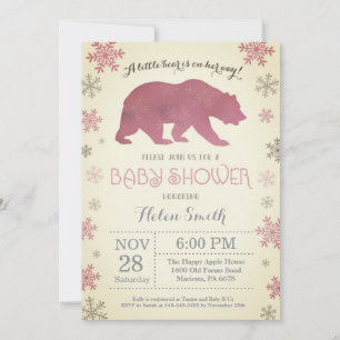 Polar Bear Winter Pink Girl Baby Shower Snowflake Invitation