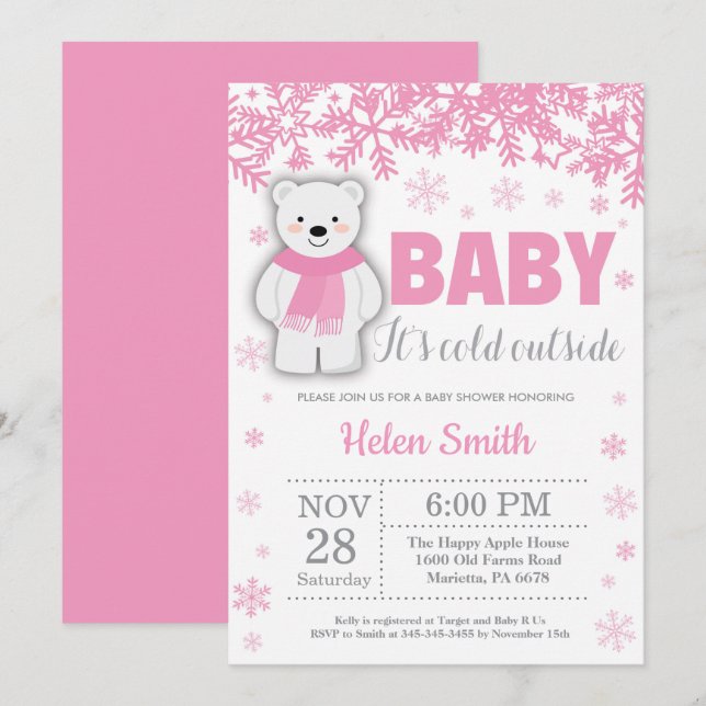 Polar Bear Winter Pink Girl Baby Shower Snowflake Invitation (Front/Back)