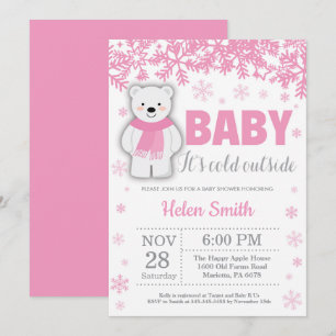 Polar Bear Winter Pink Girl Baby Shower Snowflake Invitation