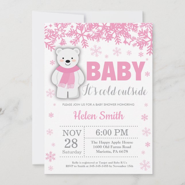 Polar Bear Winter Pink Girl Baby Shower Snowflake Invitation (Front)