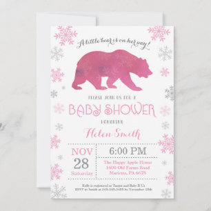 Polar Bear Winter Pink Girl Baby Shower Snowflake Invitation