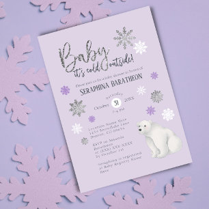 Polar Bear Winter Purple Snowflake Baby Shower Invitation