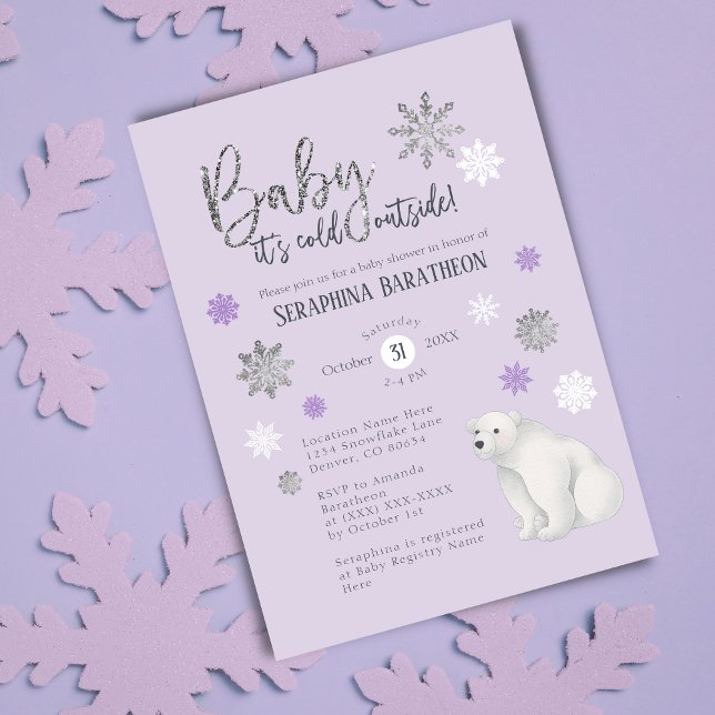 Polar Bear Winter Purple Snowflake Baby Shower Invitation (Creator Uploaded)