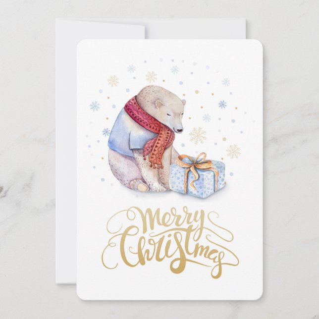 Polar Bear Winter Snow Merry Christmas Holiday Card (Front)