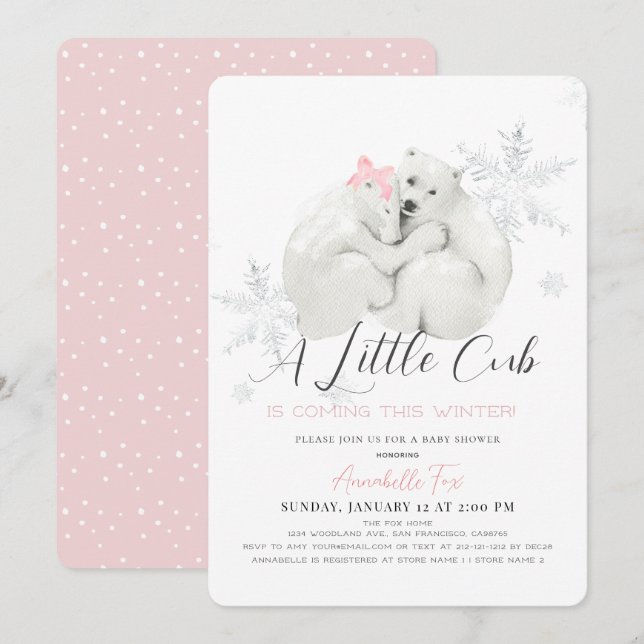 Polar Bear Winter Snowflake Pink Girl Baby Shower Invitation (Front/Back)